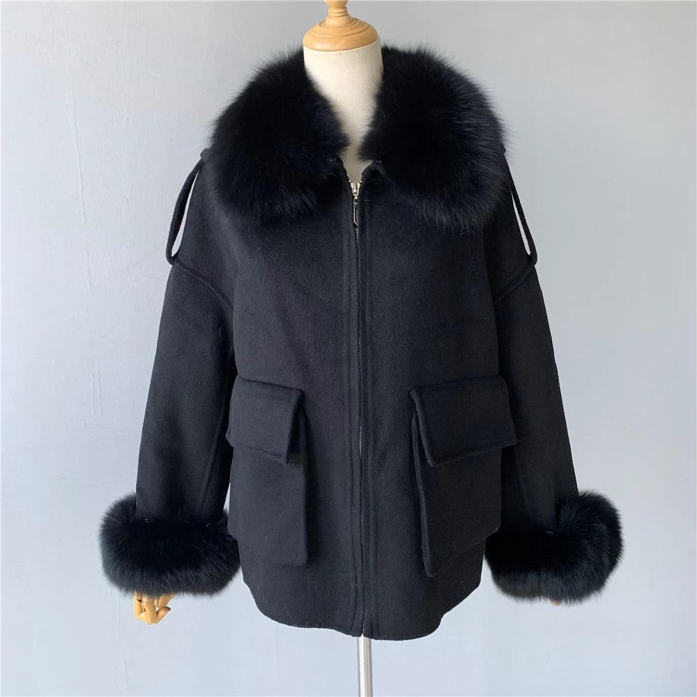 Wool Coat with Real Fox Fur Collar