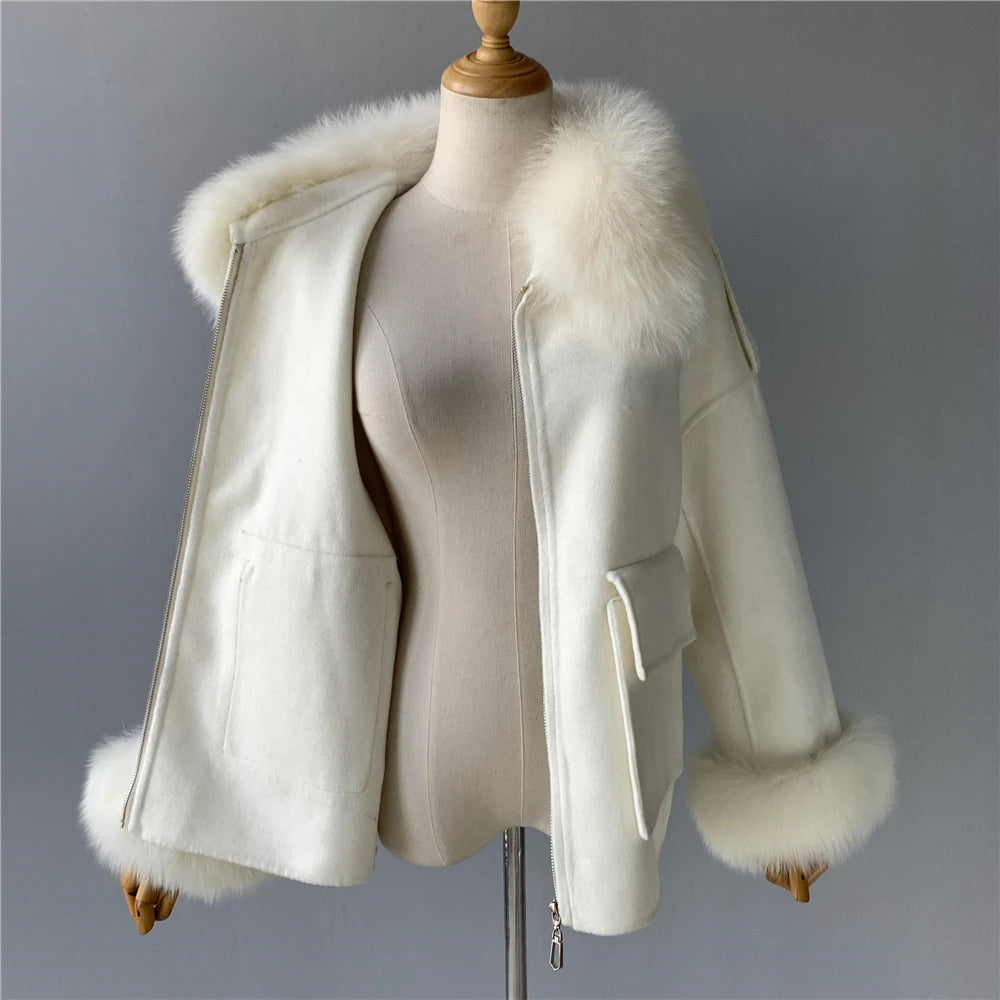 Wool Coat with Real Fox Fur Collar