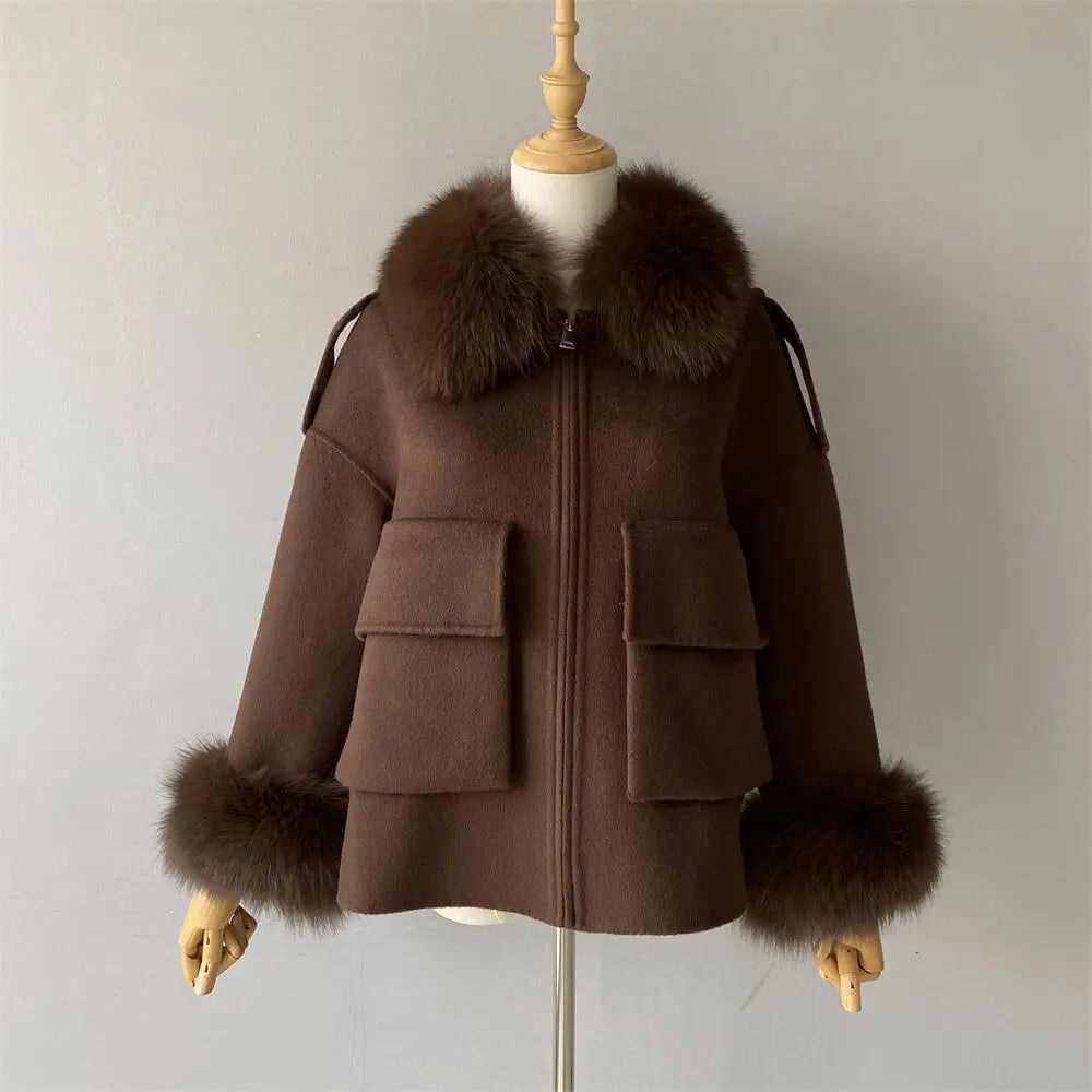 Wool Coat with Real Fox Fur Collar