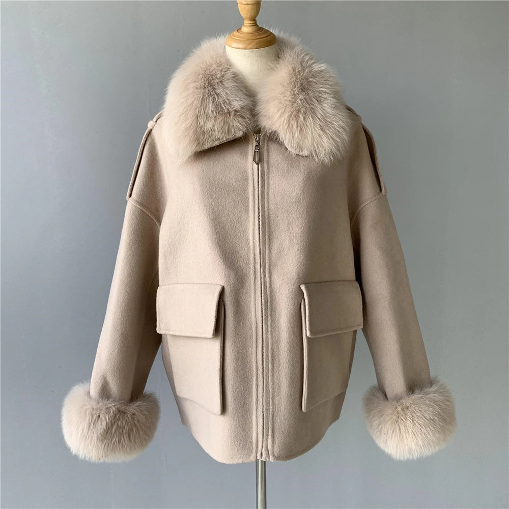 Wool Coat with Real Fox Fur Collar