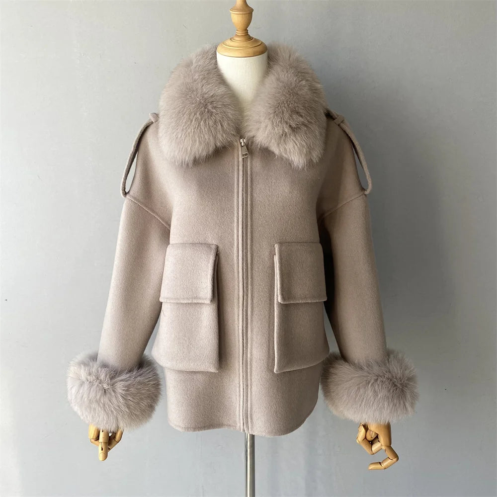 Wool Coat with Real Fox Fur Collar