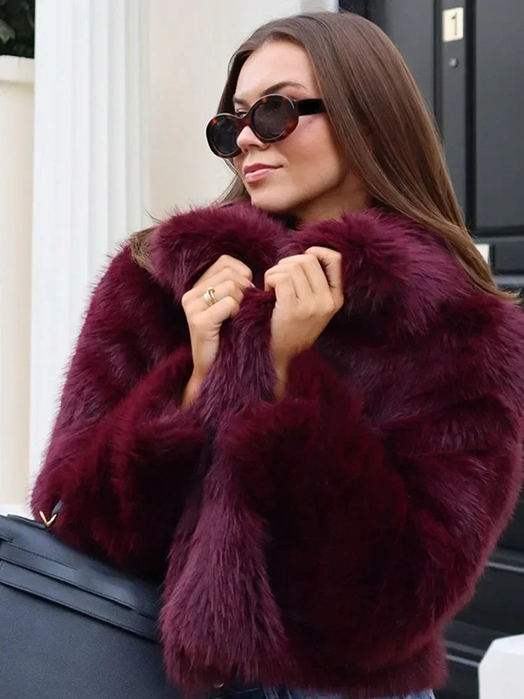 Burgundy Faux Fur Coat Vintage Long Sleeve