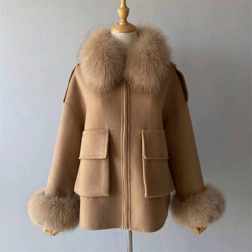 Wool Coat with Real Fox Fur Collar