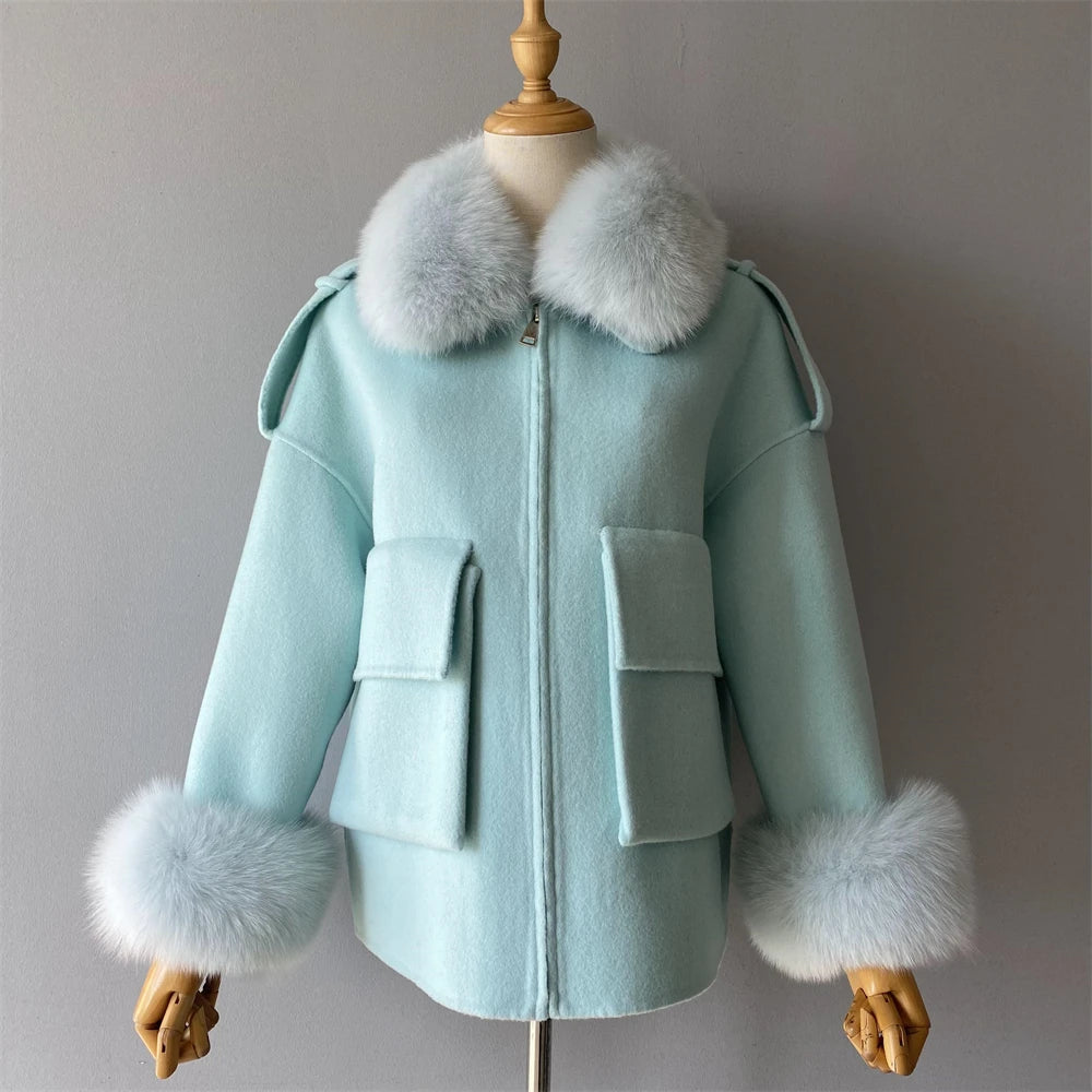 Wool Coat with Real Fox Fur Collar