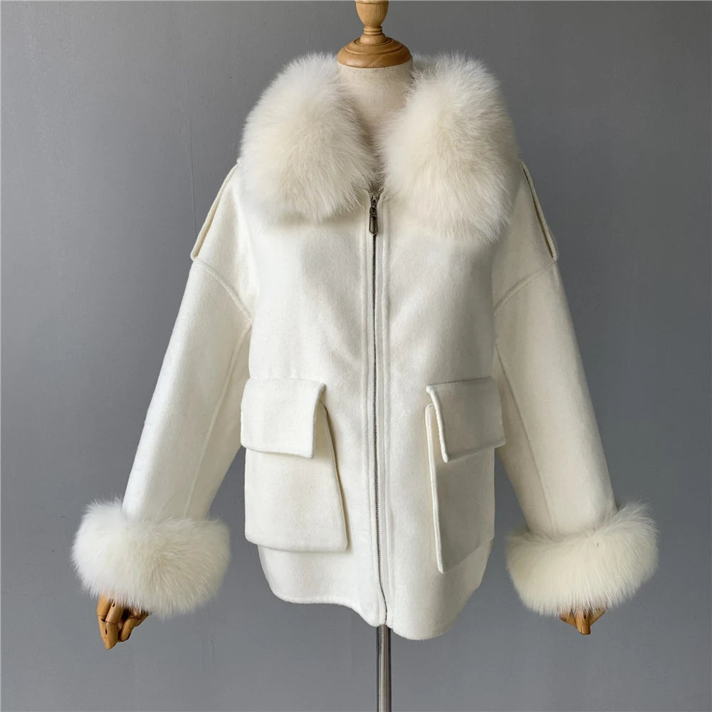 Wool Coat with Real Fox Fur Collar