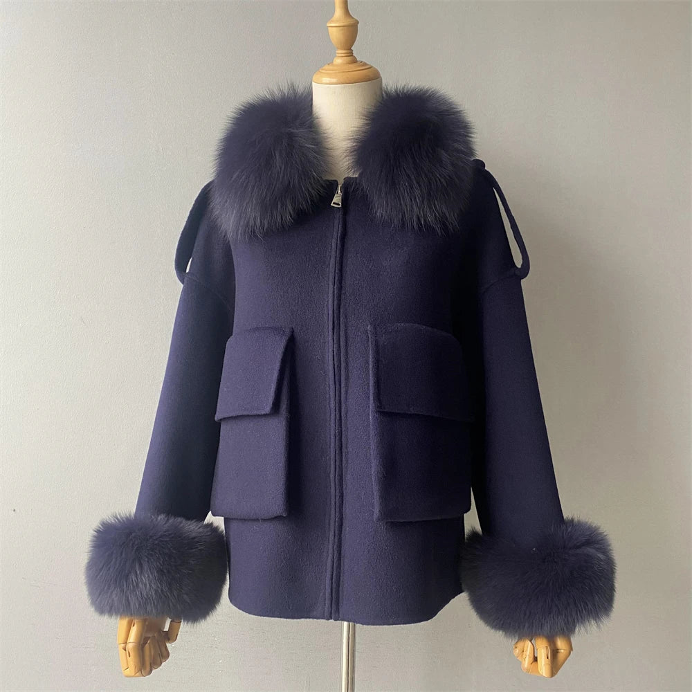 Wool Coat with Real Fox Fur Collar